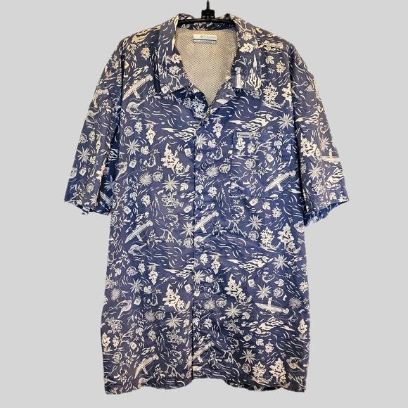Columbia PFG Short Sleeve Fishing Shirt Vented Mesh Blue White Mens M - Picture 9 of 9